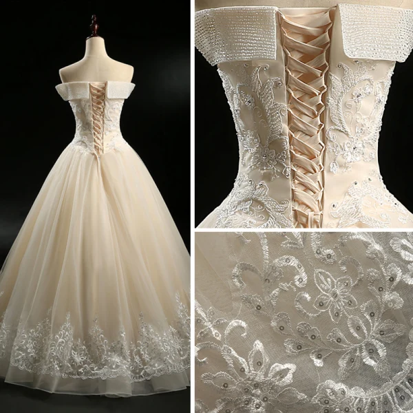 Classique Champagne Robe De Mariée 2018 Princesse De l'épaule Manches Courtes Dos Nu Faux Diamant Perlage Appliques En Dentelle Paillettes Longue Volants