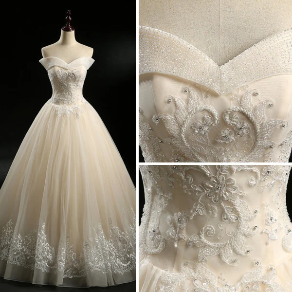 Classique Champagne Robe De Mariée 2018 Princesse De l'épaule Manches Courtes Dos Nu Faux Diamant Perlage Appliques En Dentelle Paillettes Longue Volants