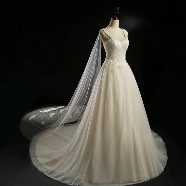 Luxury / Gorgeous Champagne Wedding Dresses 2018 Ball Gown Shoulders Sleeveless Backless Appliques Lace Crystal Beading Sequins Watteau Train Royal Train Ruffle