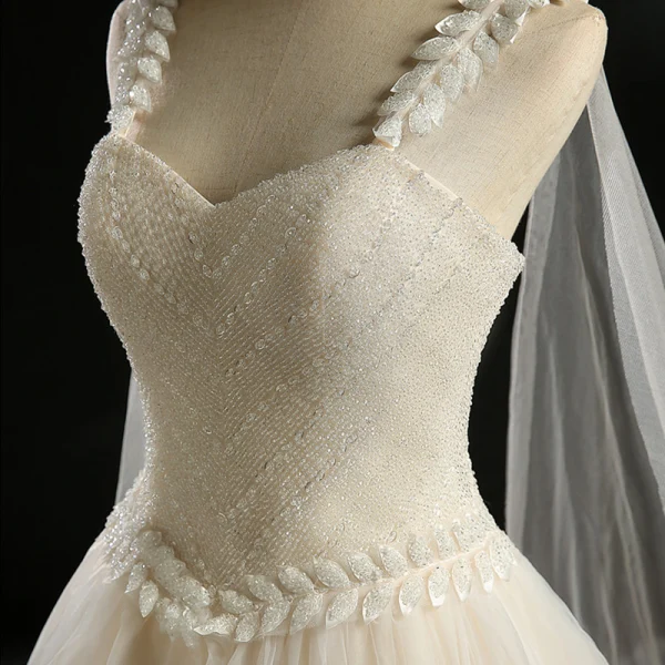 Luxury / Gorgeous Champagne Wedding Dresses 2018 Ball Gown Shoulders Sleeveless Backless Appliques Lace Crystal Beading Sequins Watteau Train Royal Train Ruffle