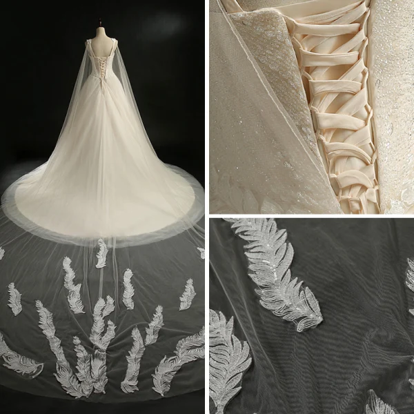 Luxury / Gorgeous Champagne Wedding Dresses 2018 Ball Gown Shoulders Sleeveless Backless Appliques Lace Crystal Beading Sequins Watteau Train Royal Train Ruffle
