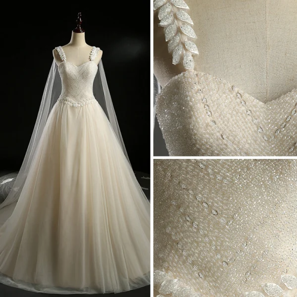 Luxury / Gorgeous Champagne Wedding Dresses 2018 Ball Gown Shoulders Sleeveless Backless Appliques Lace Crystal Beading Sequins Watteau Train Royal Train Ruffle