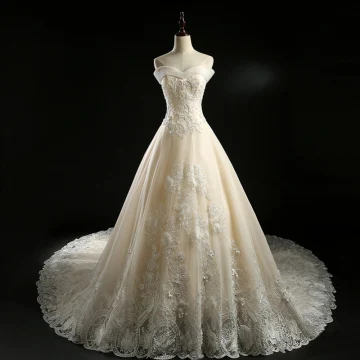 Classic Champagne Wedding Dresses 2018 A Line Princess Off The Shoulder Short Sleeve Backless Appliques Lace Flower Crystal Beading Royal Train Ruffle