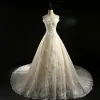 Classic Champagne Wedding Dresses 2018 A-Line / Princess Off-The-Shoulder Short Sleeve Backless Appliques Lace Flower Crystal Beading Royal Train Ruffle