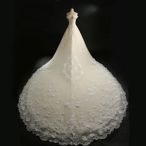 Classic Champagne Wedding Dresses 2018 A-Line / Princess Off-The-Shoulder Short Sleeve Backless Appliques Lace Flower Crystal Beading Royal Train Ruffle