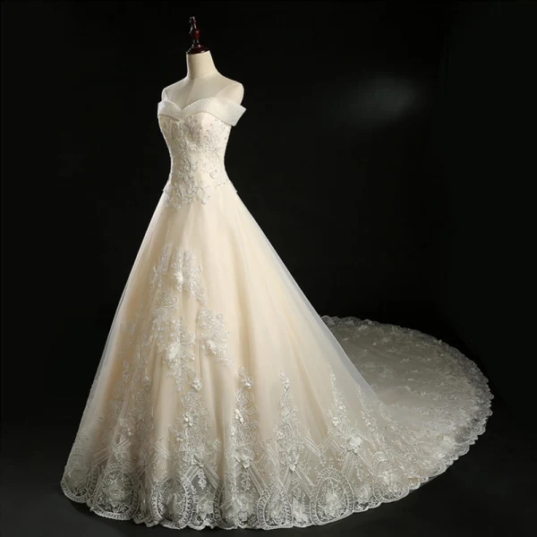 Classic Champagne Wedding Dresses 2018 A-Line / Princess Off-The-Shoulder Short Sleeve Backless Appliques Lace Flower Crystal Beading Royal Train Ruffle