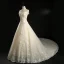 Classic Champagne Wedding Dresses 2018 A-Line / Princess Off-The-Shoulder Short Sleeve Backless Appliques Lace Flower Crystal Beading Royal Train Ruffle