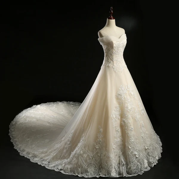 Classic Champagne Wedding Dresses 2018 A-Line / Princess Off-The-Shoulder Short Sleeve Backless Appliques Lace Flower Crystal Beading Royal Train Ruffle