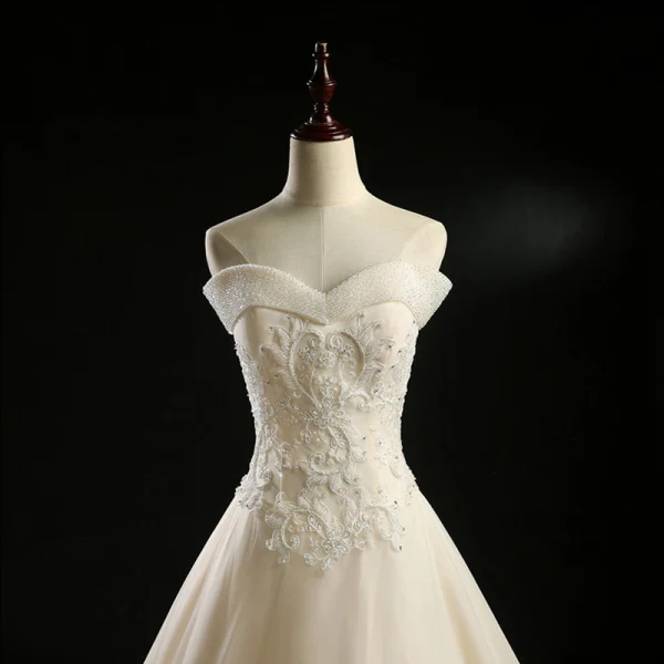 Classic Champagne Wedding Dresses 2018 A-Line / Princess Off-The-Shoulder Short Sleeve Backless Appliques Lace Flower Crystal Beading Royal Train Ruffle