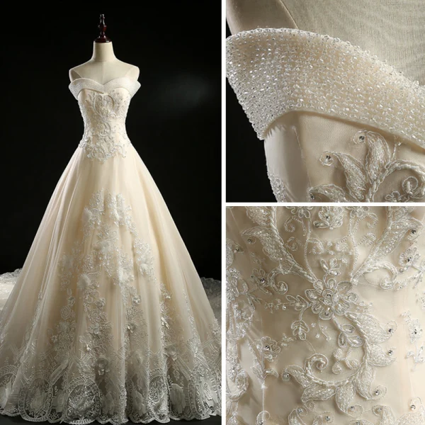 Classic Champagne Wedding Dresses 2018 A-Line / Princess Off-The-Shoulder Short Sleeve Backless Appliques Lace Flower Crystal Beading Royal Train Ruffle
