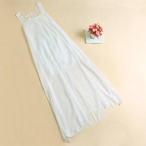 Sexy White Chiffon Summer Beach Maxi Dresses 2018 Sheath / Fit Shoulders Sleeveless Ankle Length Split Front Womens Clothing