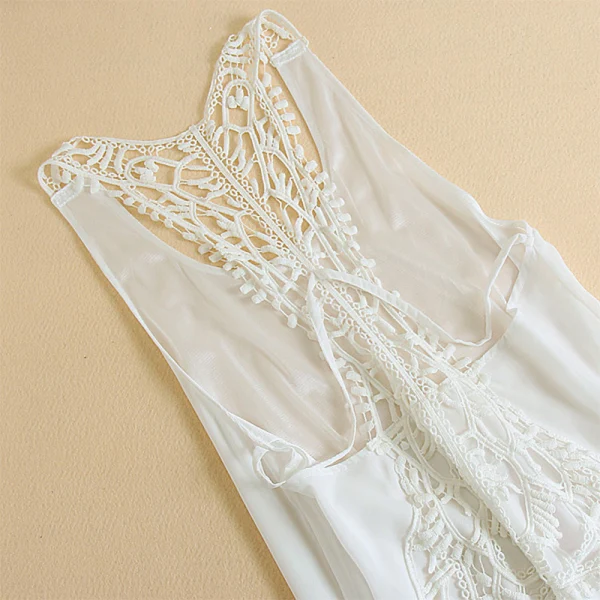Sexy White Chiffon Summer Beach Maxi Dresses 2018 Sheath / Fit Shoulders Sleeveless Ankle Length Split Front Womens Clothing