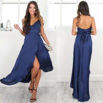 Haute Basse Bleu Roi Été Robes Longues 2018 Bretelles Spaghetti Sans Manches Dos Nu Asymétrique Fendue Devant Vêtements Femme