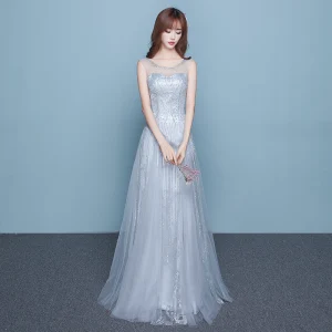 Scintillantes Gris De Retour Robe De Graduation 2017 Princesse Encolure Dégagée Sans Manches Faux Diamant Longue Volants Dos Nu Robe De Ceremonie