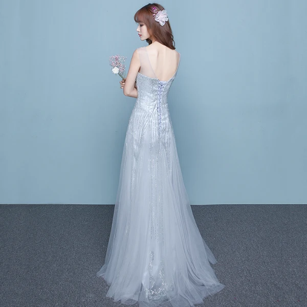 Sparkly Grey Homecoming Graduation Dresses 2017 A-Line / Princess Scoop Neck Sleeveless Rhinestone Floor-Length / Long Ruffle Backless Formal Dresses