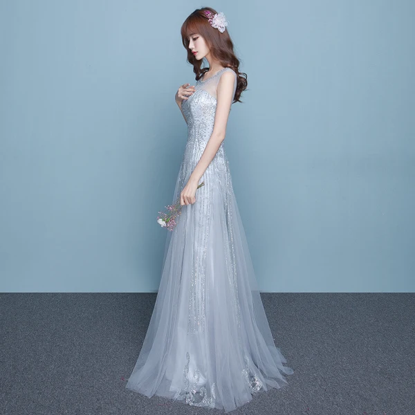 Sparkly Grey Homecoming Graduation Dresses 2017 A-Line / Princess Scoop Neck Sleeveless Rhinestone Floor-Length / Long Ruffle Backless Formal Dresses