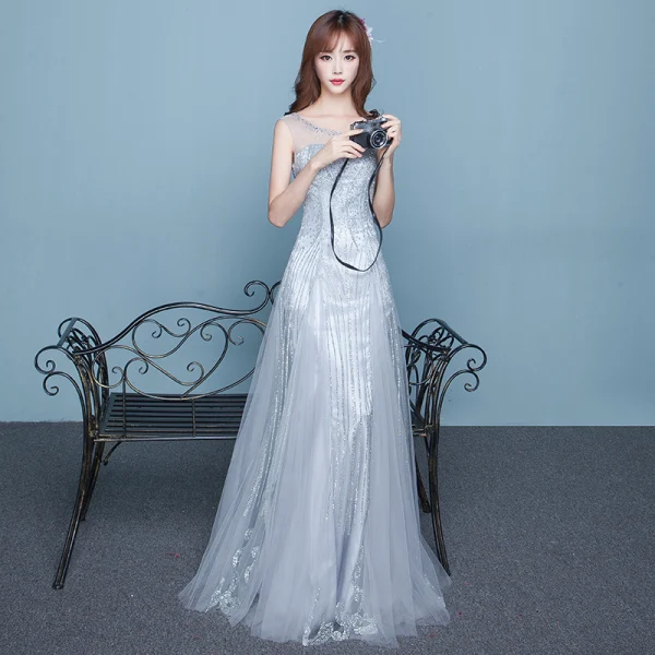 Sparkly Grey Homecoming Graduation Dresses 2017 A-Line / Princess Scoop Neck Sleeveless Rhinestone Floor-Length / Long Ruffle Backless Formal Dresses