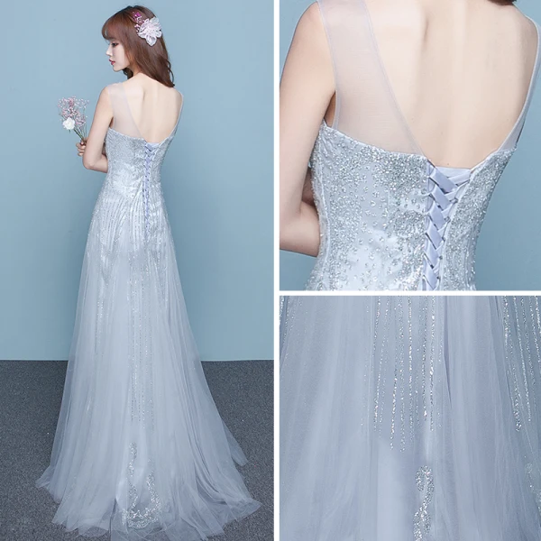 Sparkly Grey Homecoming Graduation Dresses 2017 A-Line / Princess Scoop Neck Sleeveless Rhinestone Floor-Length / Long Ruffle Backless Formal Dresses