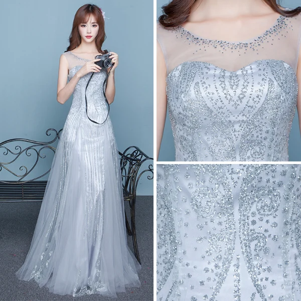 Sparkly Grey Homecoming Graduation Dresses 2017 A-Line / Princess Scoop Neck Sleeveless Rhinestone Floor-Length / Long Ruffle Backless Formal Dresses