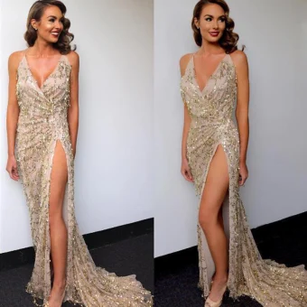 Sexy Beige Summer Maxi Dresses 2018 Trumpet Mermaid Spaghetti Straps Sleeveless Sequins Split Front Sweep Train Ruffle Backless Women S Clothing