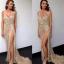 Sexy Beige Summer Maxi Dresses 2018 Trumpet / Mermaid Spaghetti Straps Sleeveless Sequins Split Front Sweep Train Ruffle Backless Womens Clothing