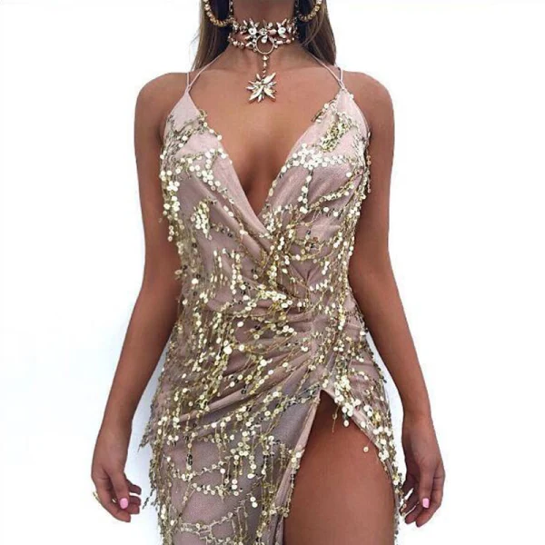 Sexy Beige Summer Maxi Dresses 2018 Trumpet / Mermaid Spaghetti Straps Sleeveless Sequins Split Front Sweep Train Ruffle Backless Womens Clothing