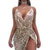Sexy Beige Summer Maxi Dresses 2018 Trumpet / Mermaid Spaghetti Straps Sleeveless Sequins Split Front Sweep Train Ruffle Backless Women's Clothing