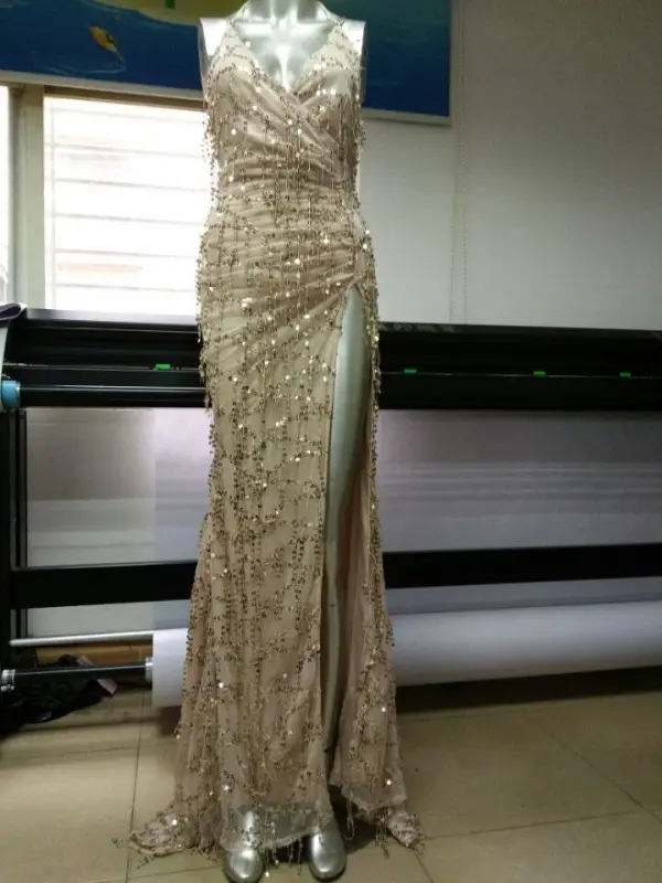 Sexy Beige Summer Maxi Dresses 2018 Trumpet / Mermaid Spaghetti Straps Sleeveless Sequins Split Front Sweep Train Ruffle Backless Womens Clothing