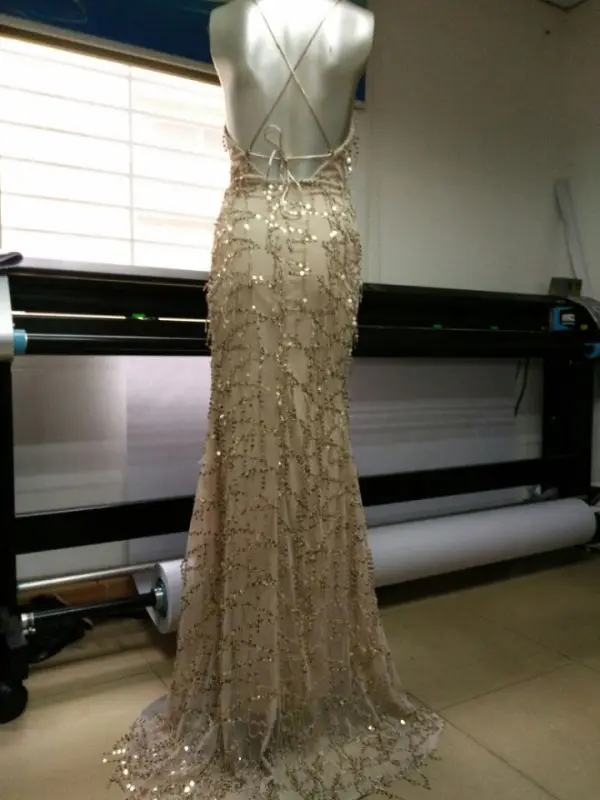 Sexy Beige Summer Maxi Dresses 2018 Trumpet / Mermaid Spaghetti Straps Sleeveless Sequins Split Front Sweep Train Ruffle Backless Womens Clothing