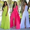 Summer Fuchsia Chiffon Maxi Dresses 2018 A-Line / Princess V-Neck Sleeveless Floor-Length / Long Ruffle Split Front Women's Clothing