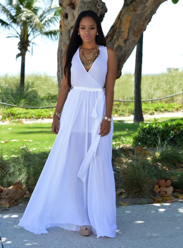Summer Fuchsia Chiffon Maxi Dresses 2018 A-Line / Princess V-Neck Sleeveless Floor-Length / Long Ruffle Split Front Women's Clothing