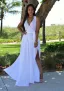 Summer Fuchsia Chiffon Maxi Dresses 2018 A-Line / Princess V-Neck Sleeveless Floor-Length / Long Ruffle Split Front Women's Clothing