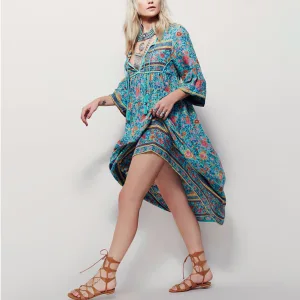 Bohemia Sky Blue Maxi Dresses 2018 Street Wear V Neck 3 4 Sleeve Printing Flower Tassel Tea Length Womens Clothing
