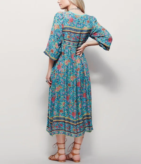 Bohemia Sky Blue Maxi Dresses 2018 Street Wear V-Neck 3/4 Sleeve Printing Flower Tassel Tea-length Womens Clothing
