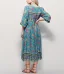 Bohemia Sky Blue Maxi Dresses 2018 Street Wear V-Neck 3/4 Sleeve Printing Flower Tassel Tea-length Womens Clothing
