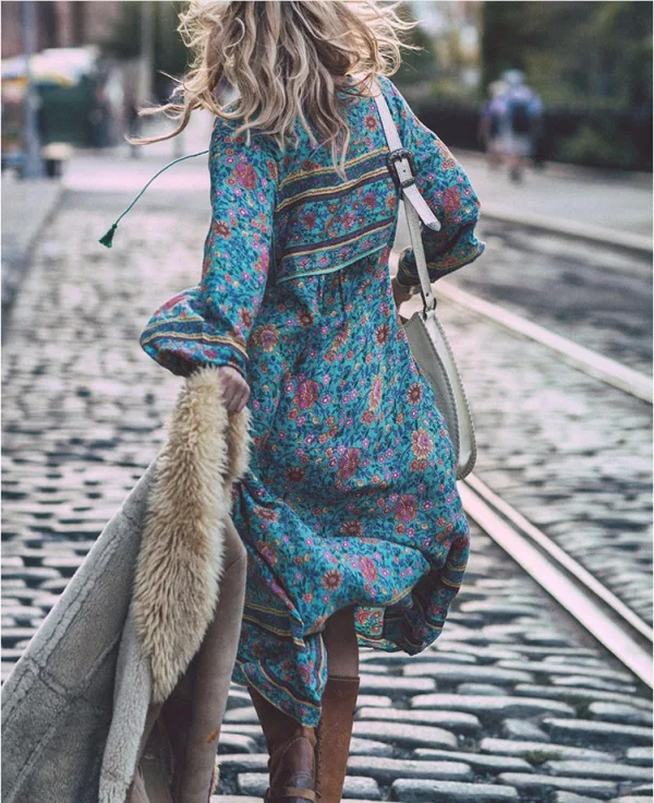 Bohemia Sky Blue Maxi Dresses 2018 Street Wear V-Neck 3/4 Sleeve Printing Flower Tassel Tea-length Womens Clothing