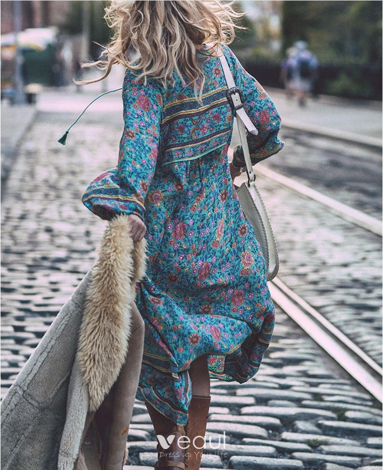 Bohemia Sky Blue Maxi Dresses 2018 Street Wear V-Neck 3/4 Sleeve Printing Flower Tassel Tea-length Womens Clothing