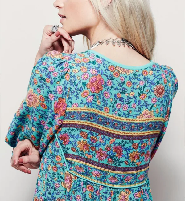 Bohemia Sky Blue Maxi Dresses 2018 Street Wear V-Neck 3/4 Sleeve Printing Flower Tassel Tea-length Womens Clothing