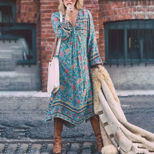 Bohemia Sky Blue Maxi Dresses 2018 Street Wear V-Neck 3/4 Sleeve Printing Flower Tassel Tea-length Womens Clothing