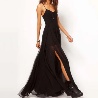 Sexy Summer Black Chiffon Maxi Dresses 2018 Spaghetti Straps Sleeveless Split Front Floor Length Long Backless Women S Clothing
