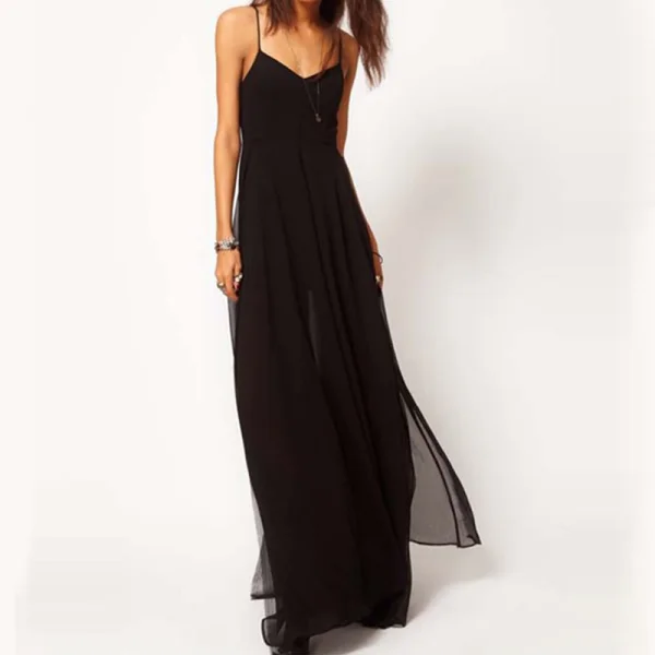 Sexy Summer Black Chiffon Maxi Dresses 2018 Spaghetti Straps Sleeveless  Split Front Floor-Length / Long Backless Women's Clothing