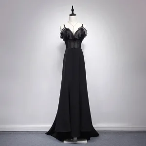 Sexy Noire Robe De Soirée 2017 Princesse V Cou Bretelles Spaghetti Sans Manches Longue Dos Nu Percé Robe De Ceremonie
