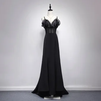 Sexy Noire Robe De Soirée 2017 Princesse V Cou Bretelles Spaghetti Sans Manches Longue Dos Nu Percé Robe De Ceremonie