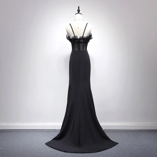 Sexy Black Evening Dresses 2017 A-Line / Princess V-Neck Spaghetti Straps Sleeveless Floor-Length / Long Backless Pierced Formal Dresses