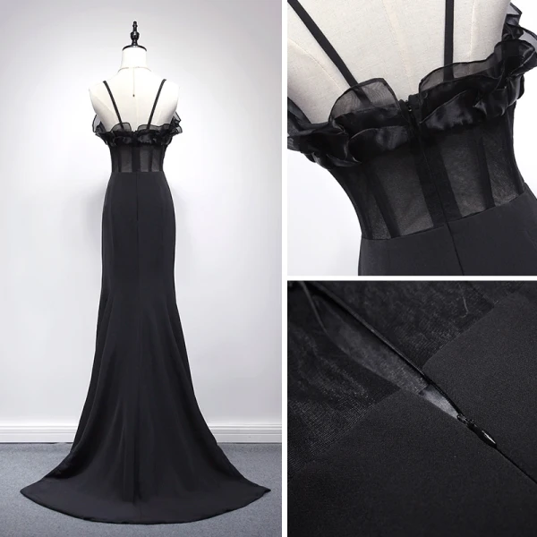 Sexy Black Evening Dresses 2017 A-Line / Princess V-Neck Spaghetti Straps Sleeveless Floor-Length / Long Backless Pierced Formal Dresses