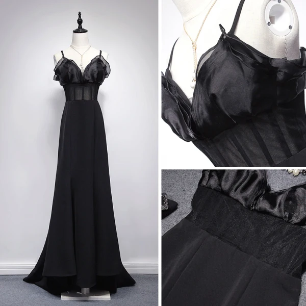 Sexy Black Evening Dresses 2017 A-Line / Princess V-Neck Spaghetti Straps Sleeveless Floor-Length / Long Backless Pierced Formal Dresses
