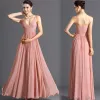 Modest / Simple Summer Pearl Pink Chiffon Maxi Dresses 2018 Empire V-Neck Sleeveless Floor-Length / Long Ruffle Backless Women's Clothing