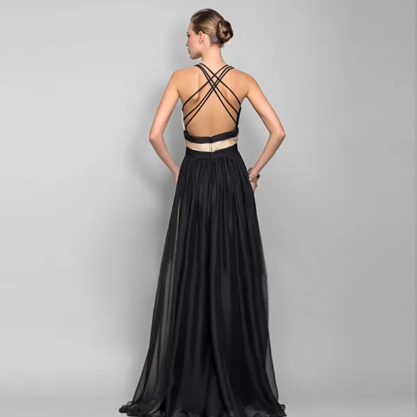 Two Tone Color block Chiffon Maxi Dresses 2018 Empire V-Neck Sleeveless Floor-Length / Long Ruffle Backless Women's Clothing
