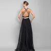 Two Tone Color block Chiffon Maxi Dresses 2018 Empire V-Neck Sleeveless Floor-Length / Long Ruffle Backless Women's Clothing