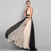 Two Tone Color block Chiffon Maxi Dresses 2018 Empire V-Neck Sleeveless Floor-Length / Long Ruffle Backless Women's Clothing